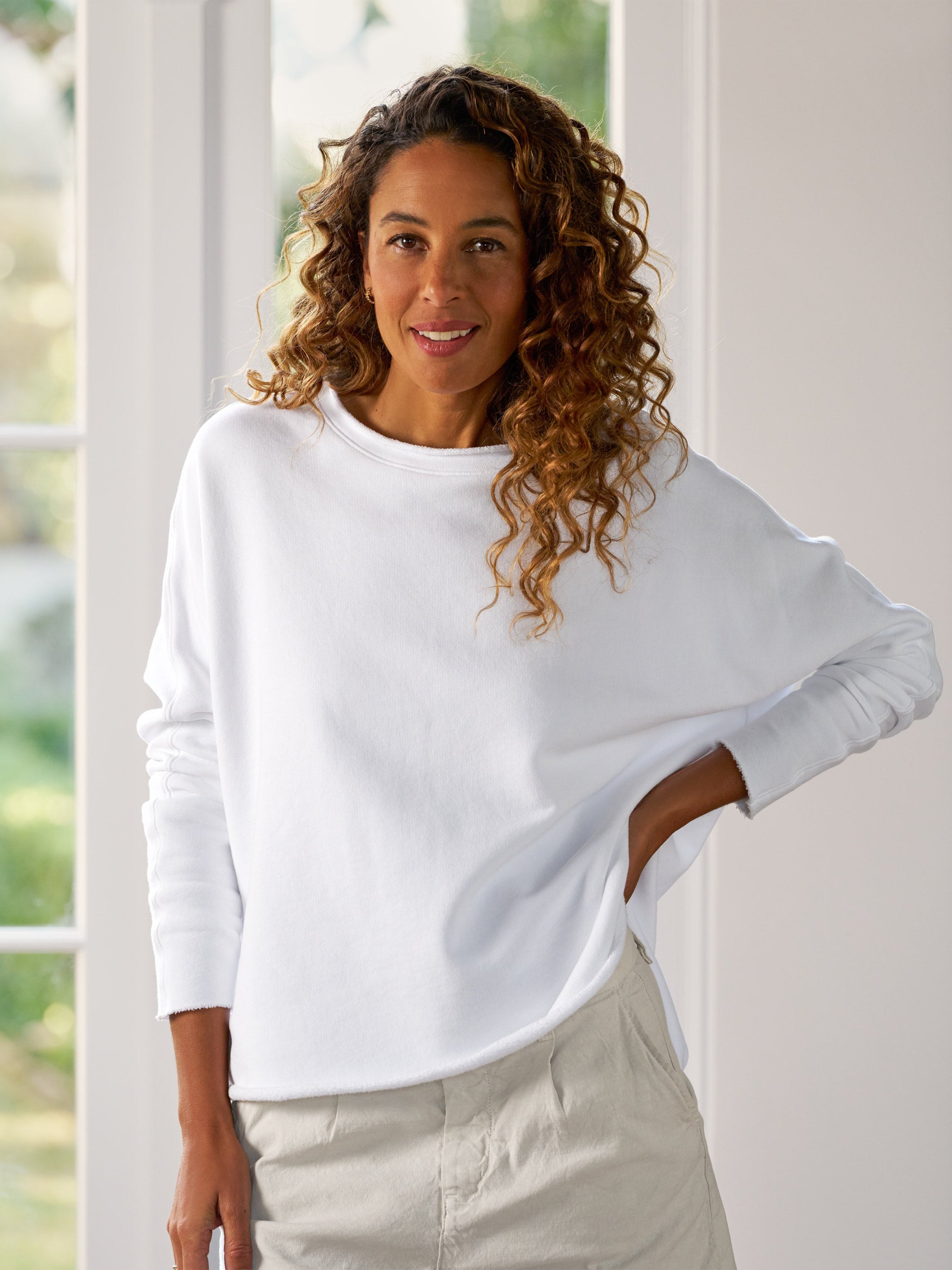ANNA LONG SLEEVE CAPLET TRIPLE FLEECE WHITE