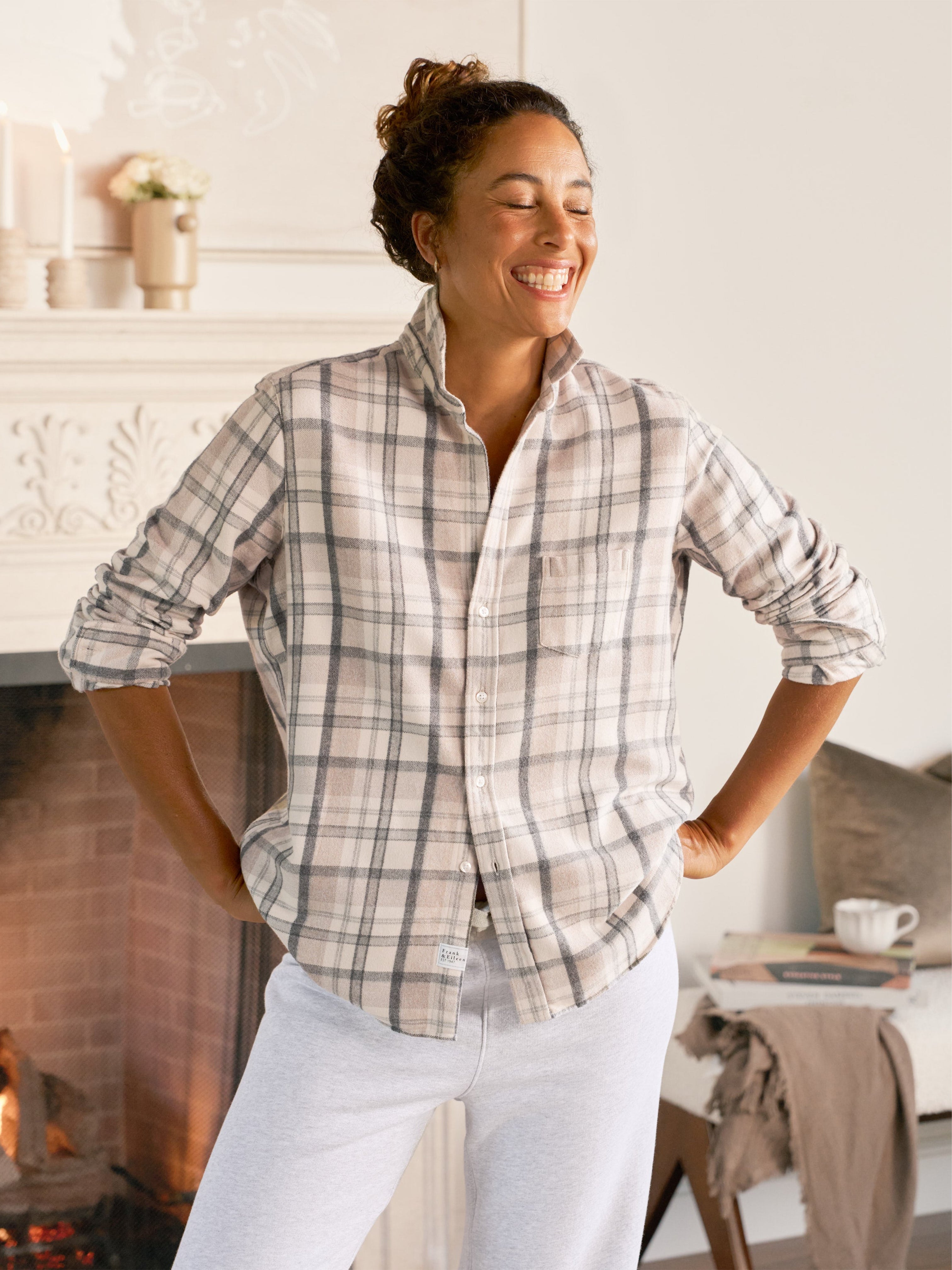 EILEEN FLANNEL SHIRT CREAM, SAND, GREY PLAID