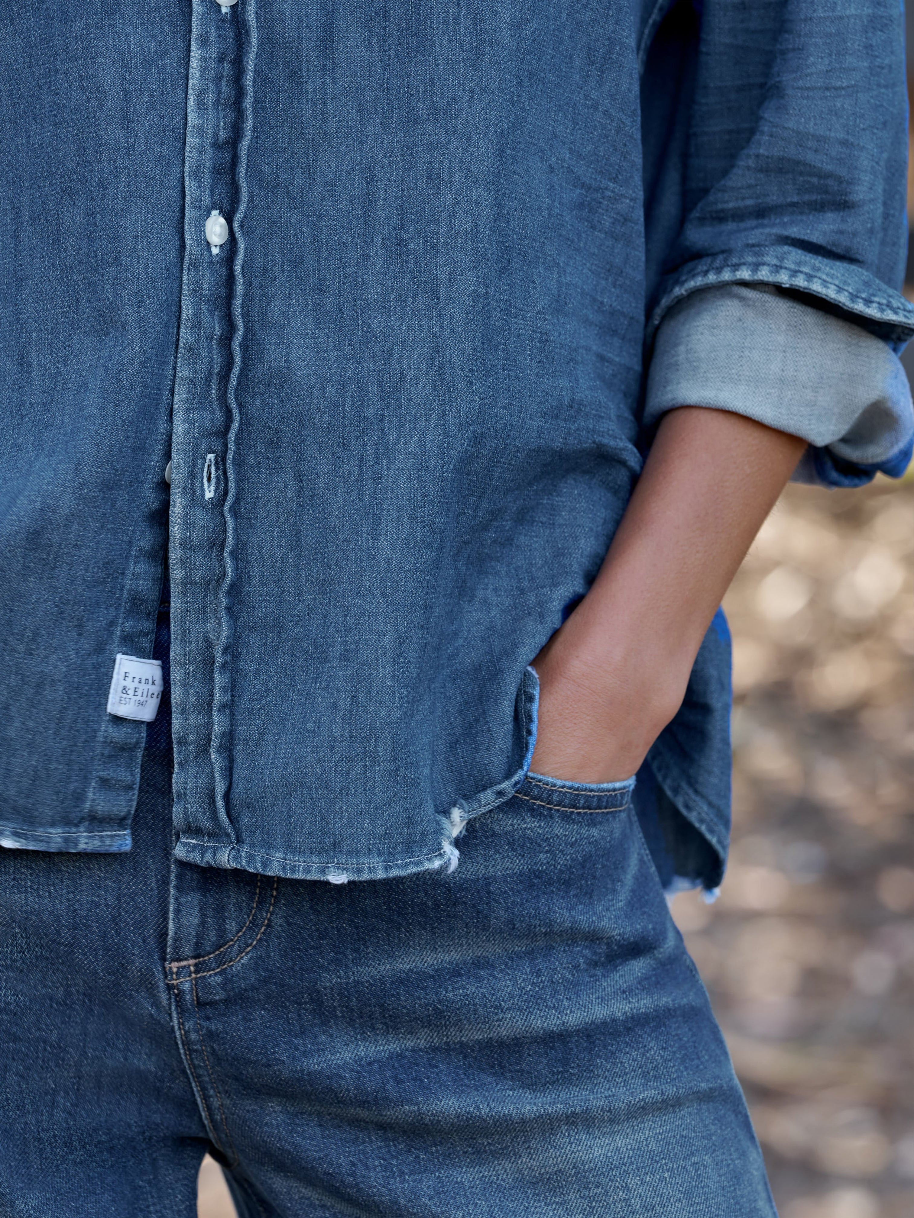 EILEEN TATTERED DENIM SHIRT DISTRESSED INDIGO WASH