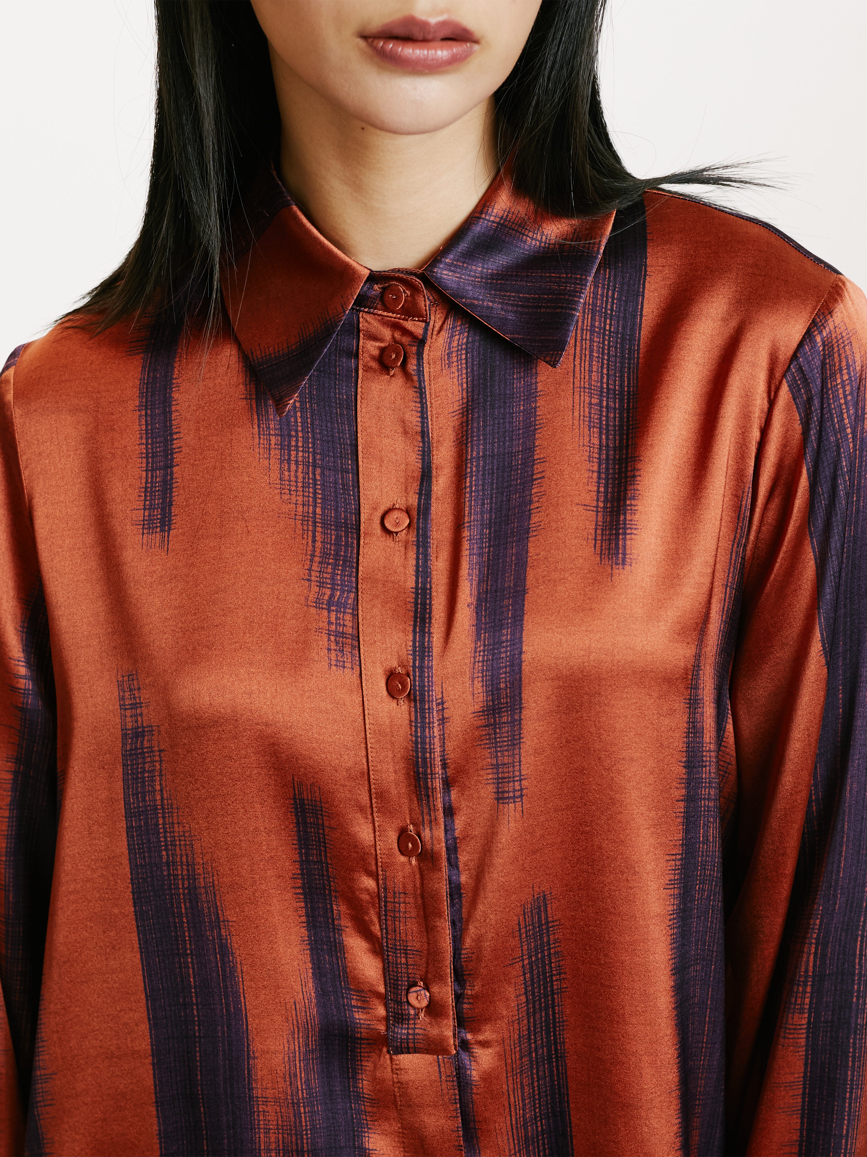 HAKINARI STRETCH SATIN SHIRT RUST/INK