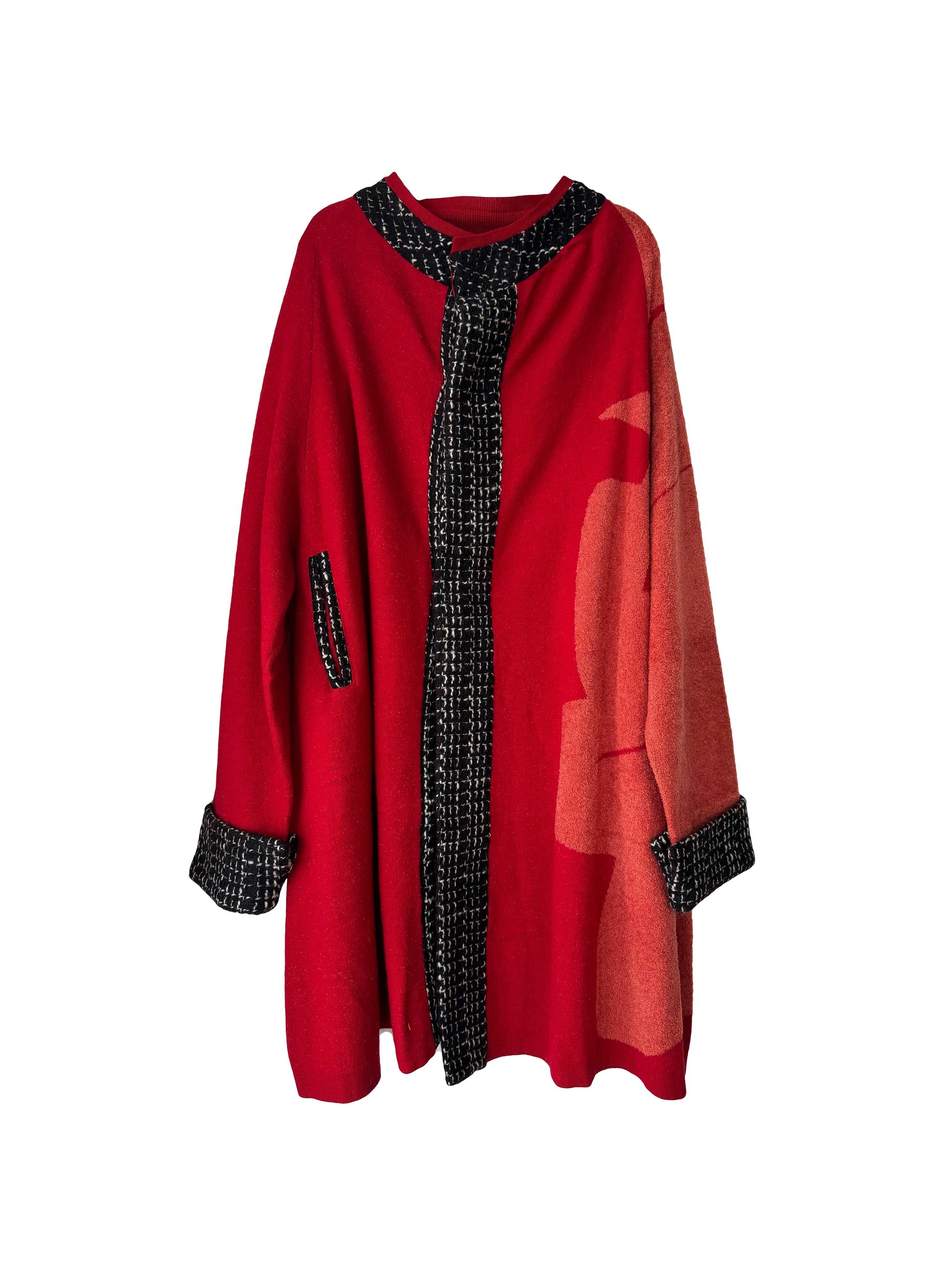 KNIT CONTRAST COAT RED COMBO