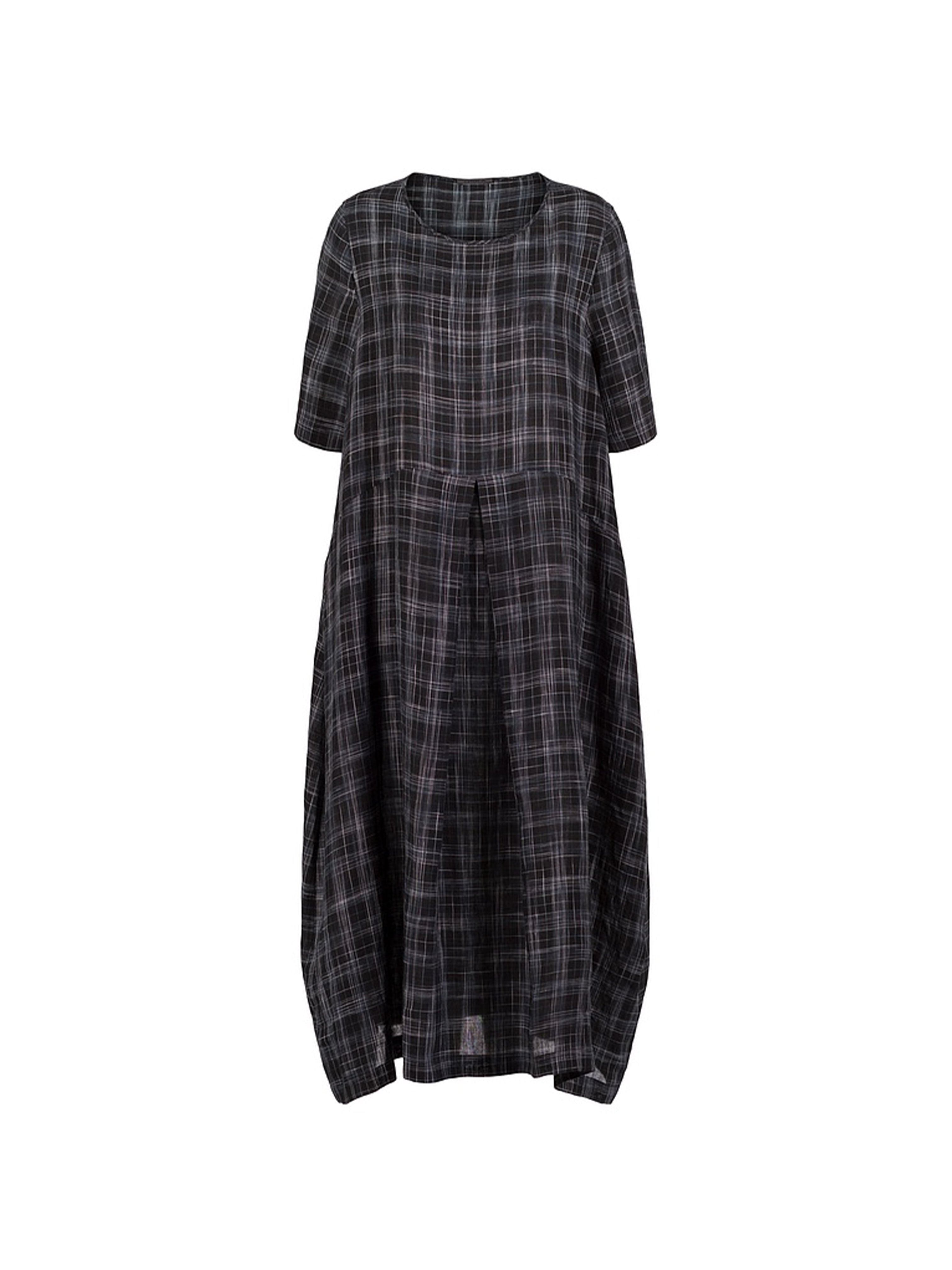 CHECK LINEN DRESS BLACK
