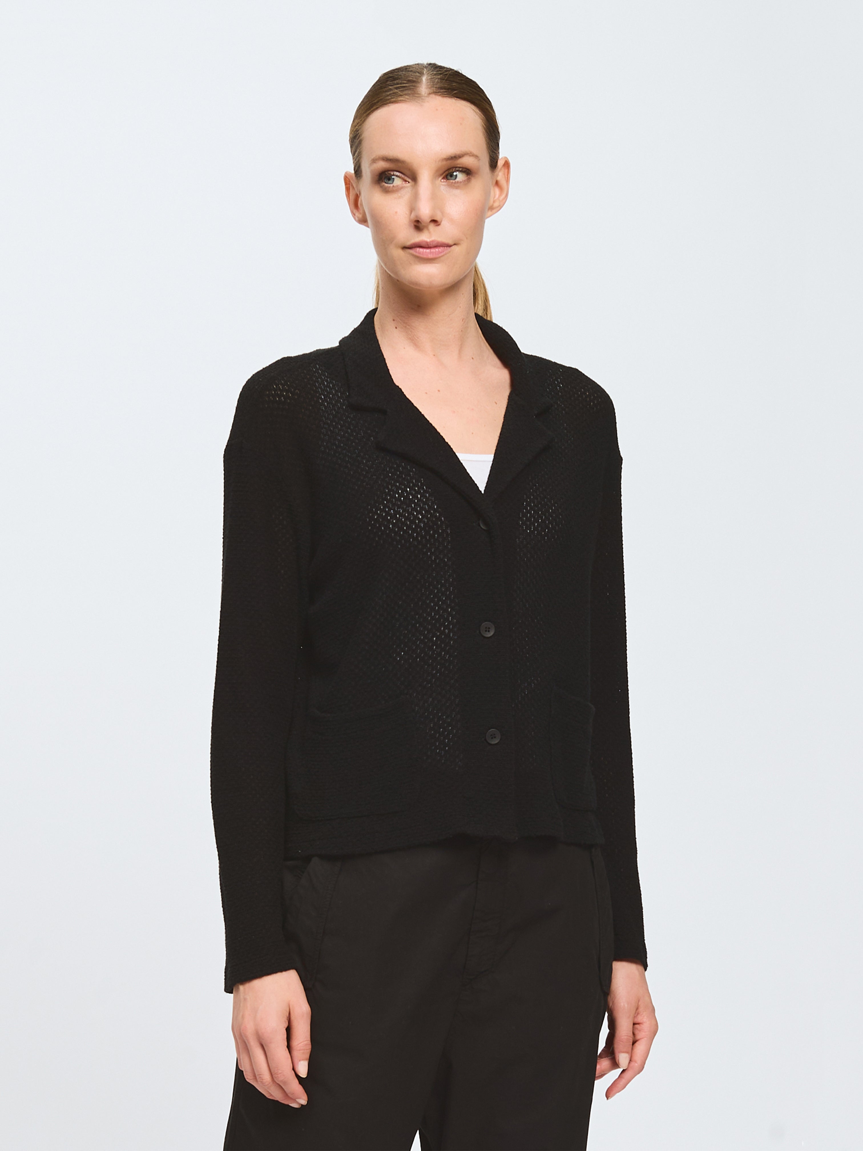 WAFFLE BOXY KNIT JACKET BLACK