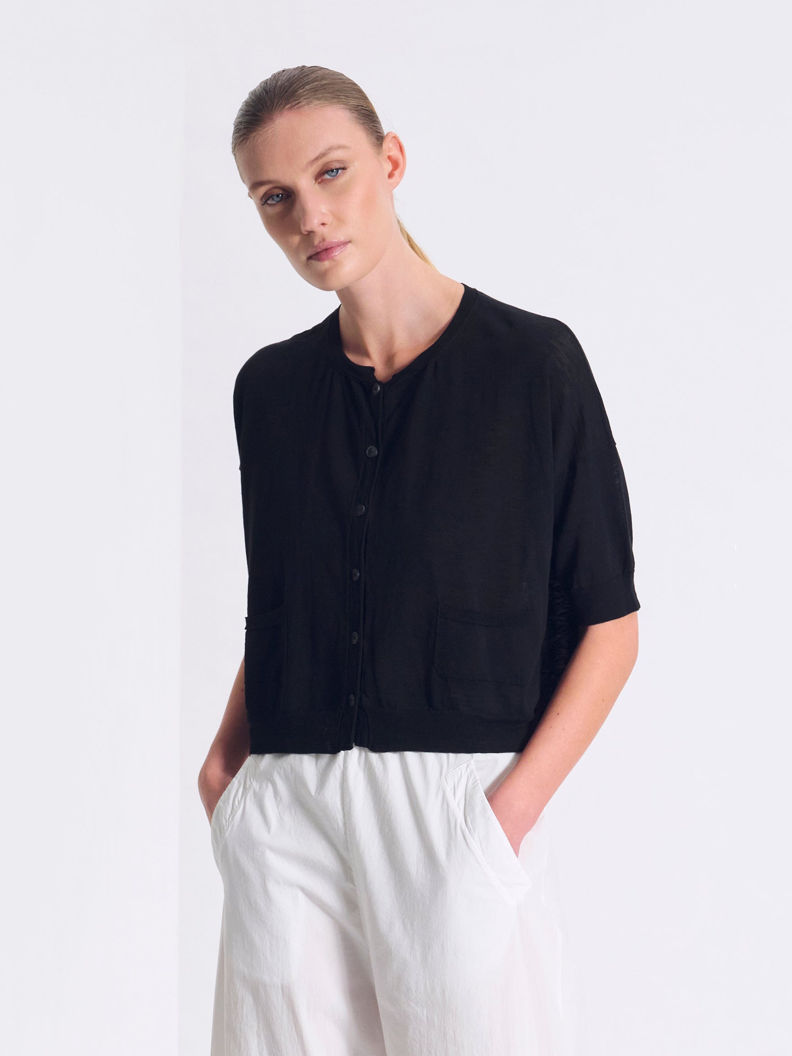 SHORT SLEEVE KNIT CARDIGAN BLACK