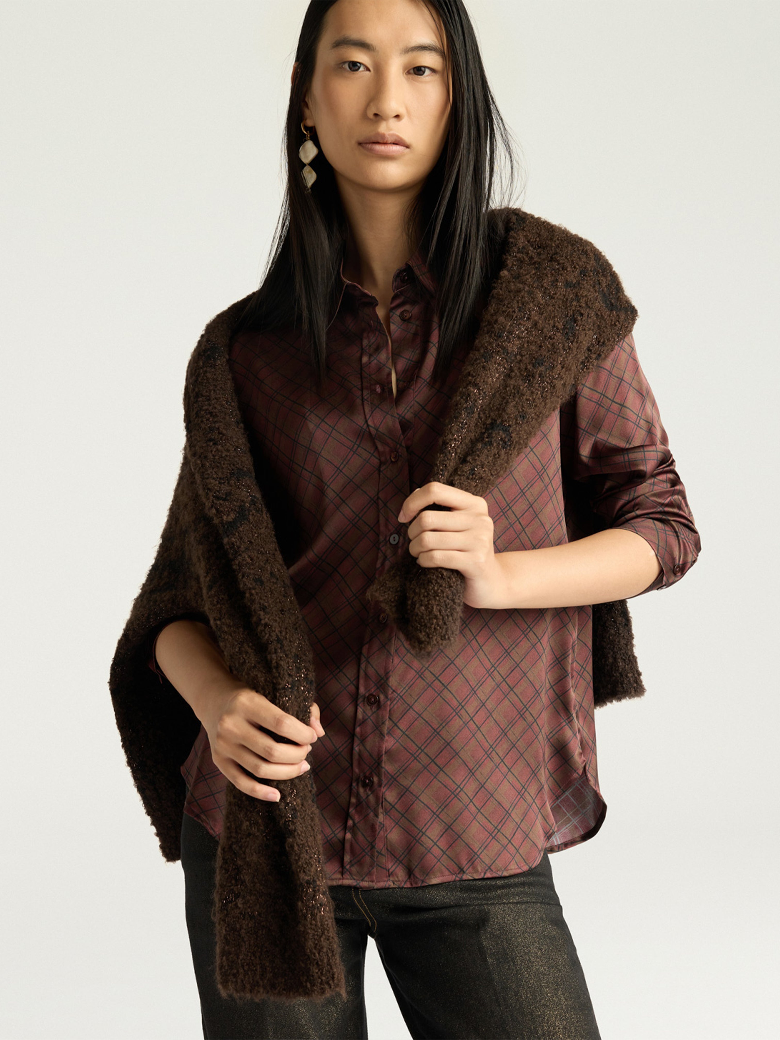 CORA STRETCH SATIN SHIRT TOBACCO MULTICOLOUR