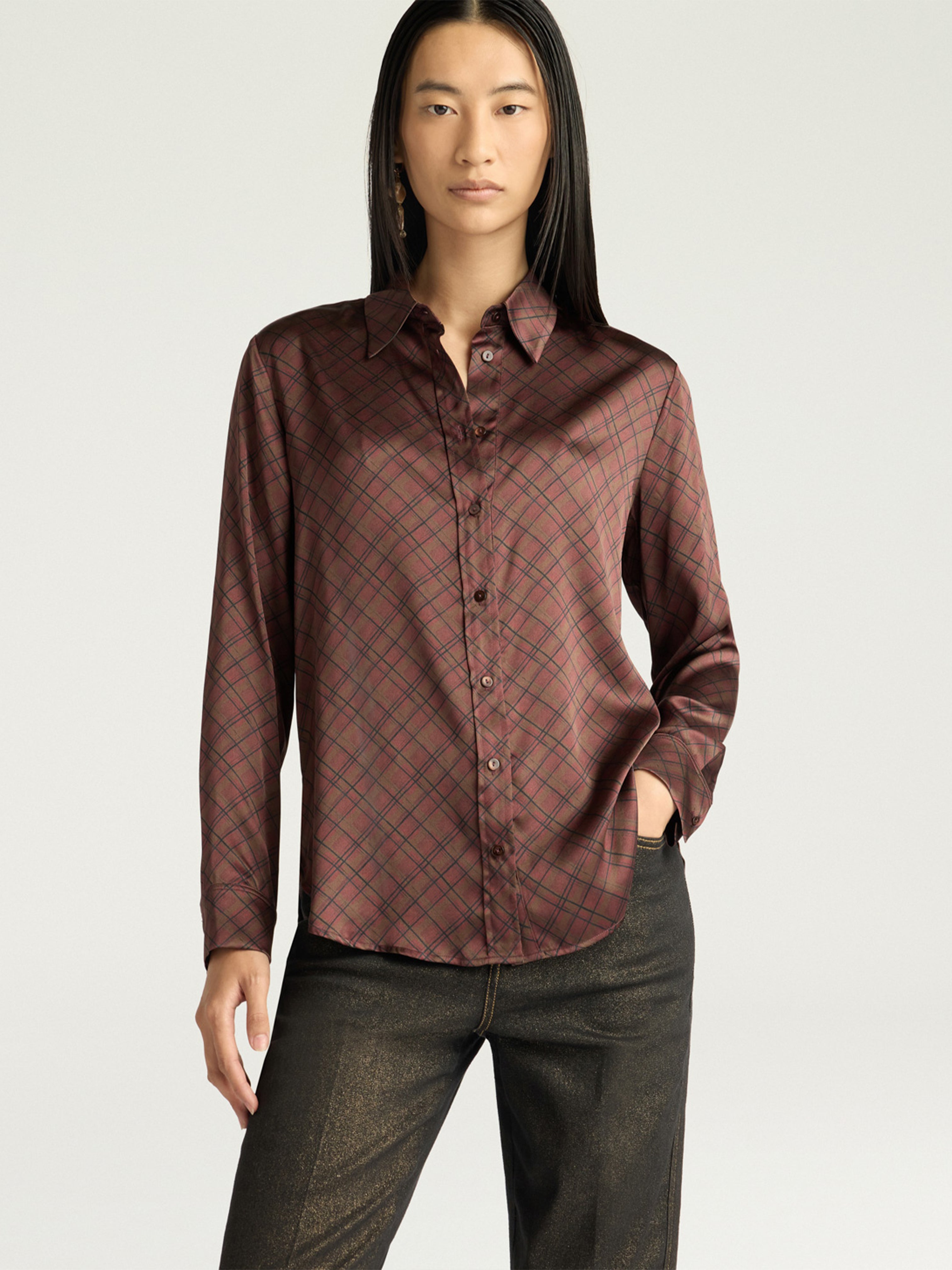 CORA STRETCH SATIN SHIRT TOBACCO MULTICOLOUR