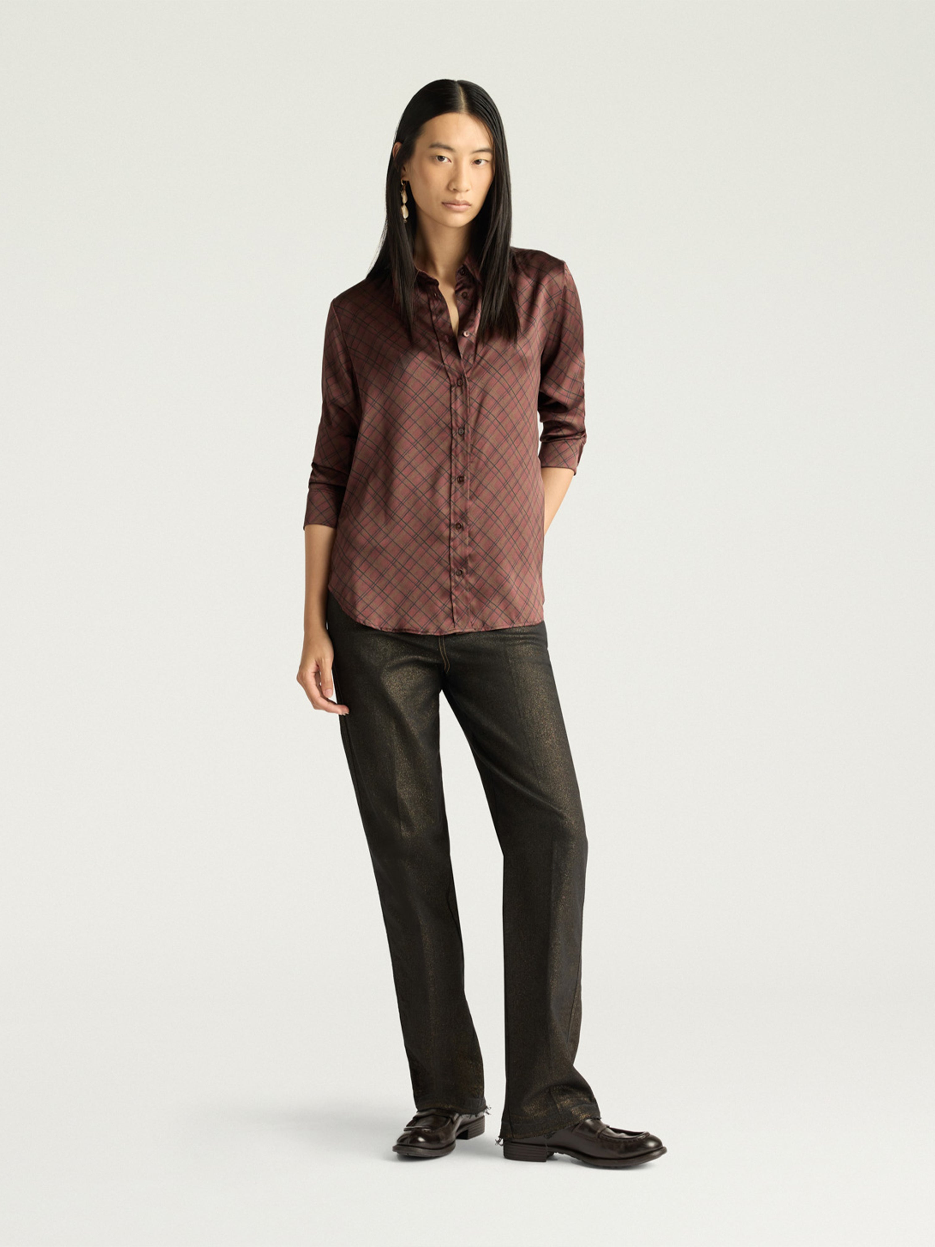 CORA STRETCH SATIN SHIRT TOBACCO MULTICOLOUR