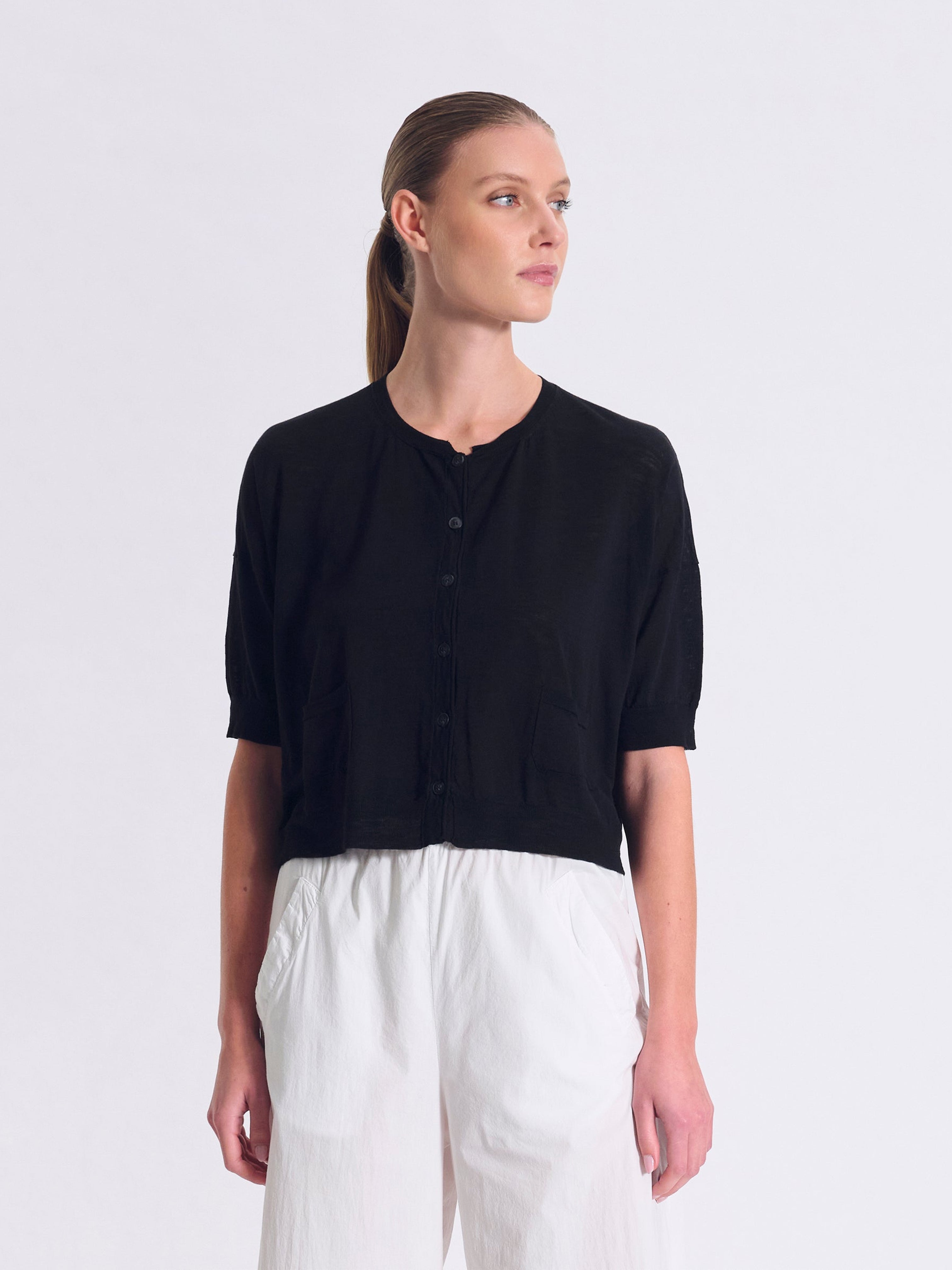 SHORT SLEEVE KNIT CARDIGAN BLACK